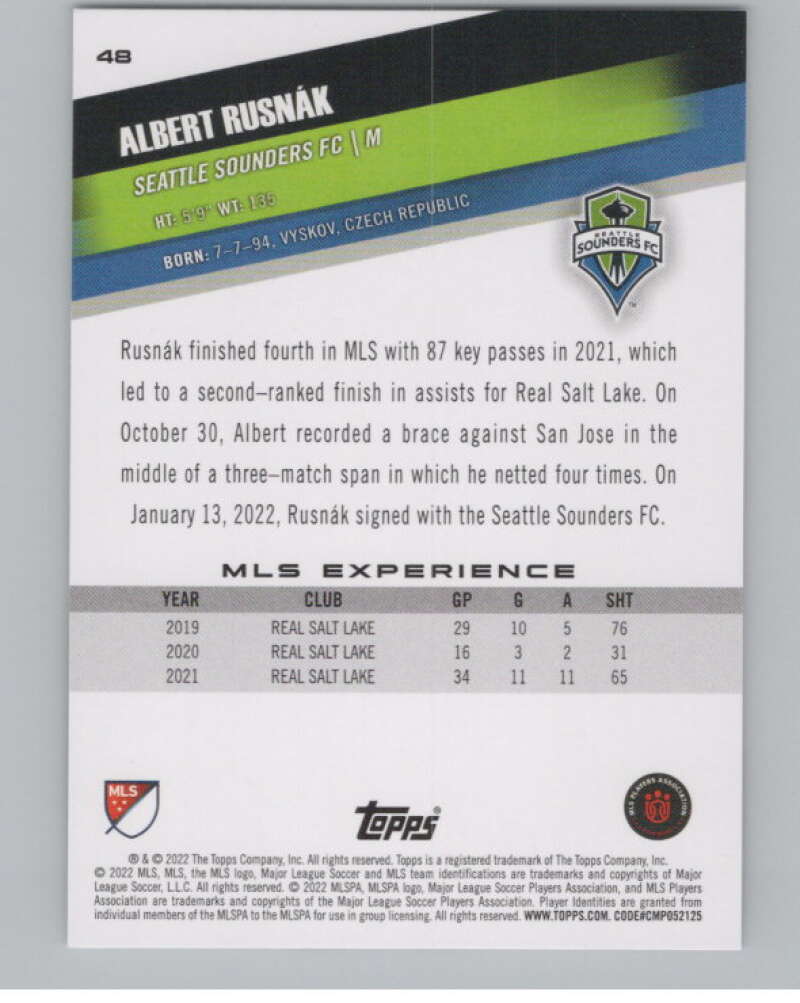 2022 Topps MLS Soccer #48 Albert Rusnak Seattle Sounders FC V97594 Image 2