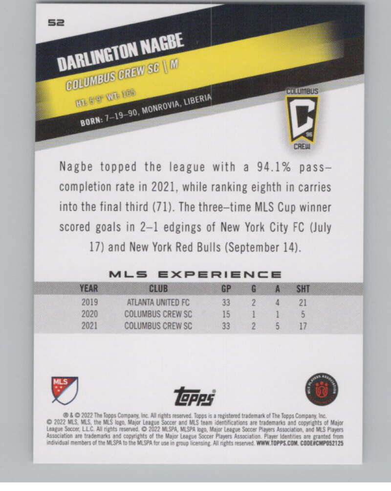 2022 Topps MLS Soccer #52 Darlington Nagbe Columbus Crew SC V97606 Image 2