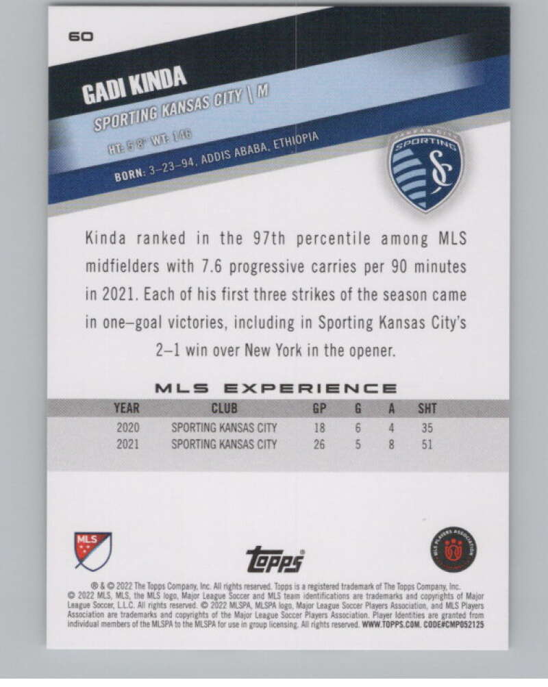 2022 Topps MLS Soccer #60 Gadi Kinda Sporting Kansas City V97623 Image 2