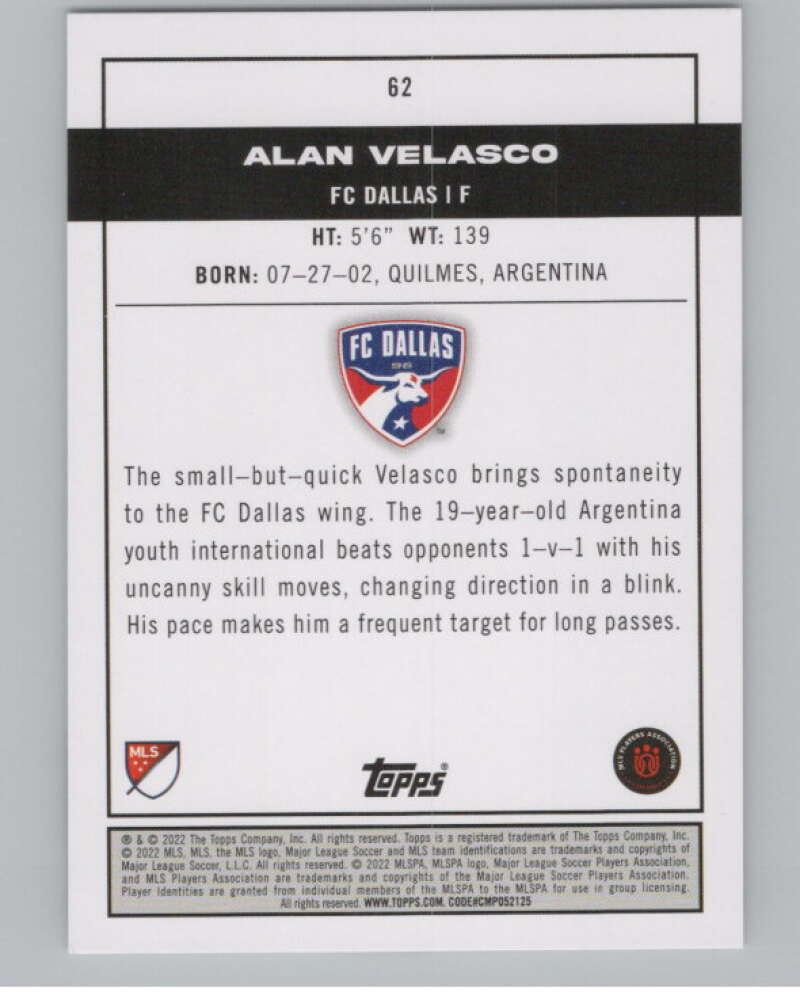 2022 Topps MLS Soccer #62 Alan Velasco RC Rookie FC Dallas V97628 Image 2