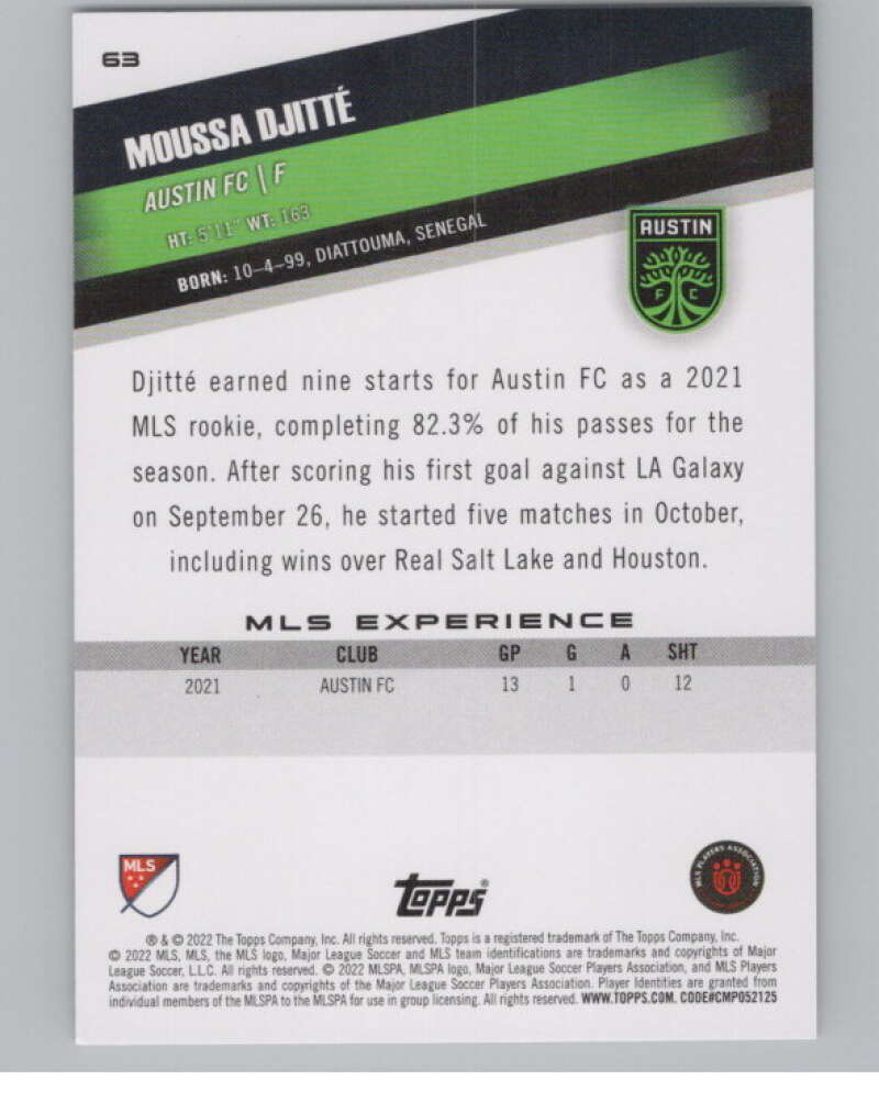 2022 Topps MLS Soccer #63 Moussa Djitte RC Rookie Austin FC V97629 Image 2