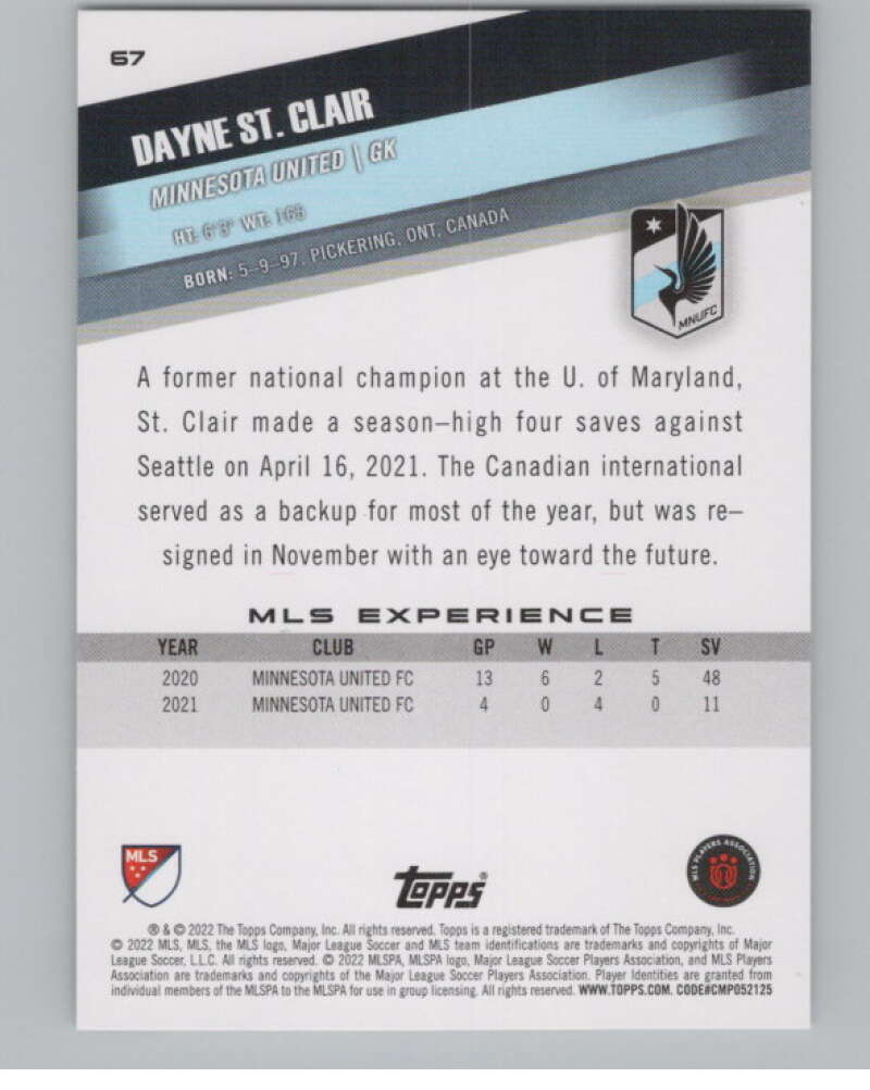 2022 Topps MLS Soccer #67 Dayne St. Clair Minnesota United V97640 Image 2