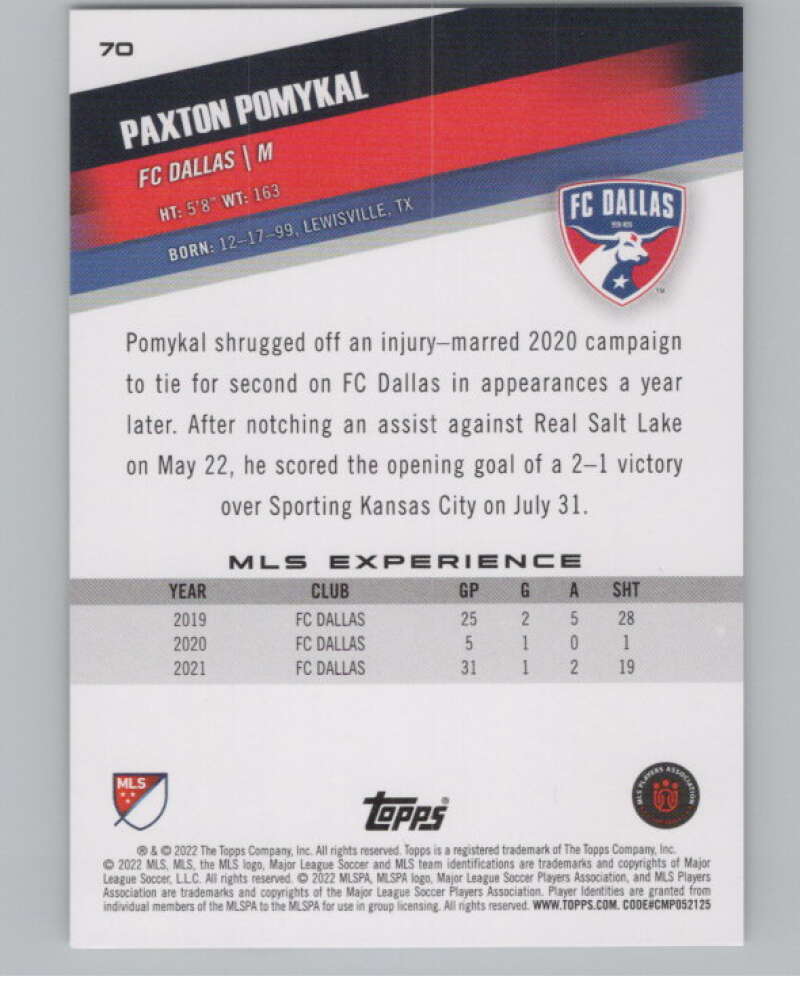 2022 Topps MLS Soccer #70 Paxton Pomykal FC Dallas V97645 Image 2