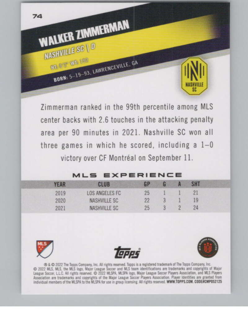 2022 Topps MLS Soccer #74 Walker Zimmerman Nashville SC V97657 Image 2