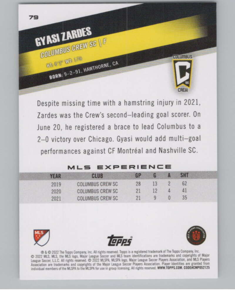 2022 Topps MLS Soccer #79 Gyasi Zardes Columbus Crew SC V97670 Image 2