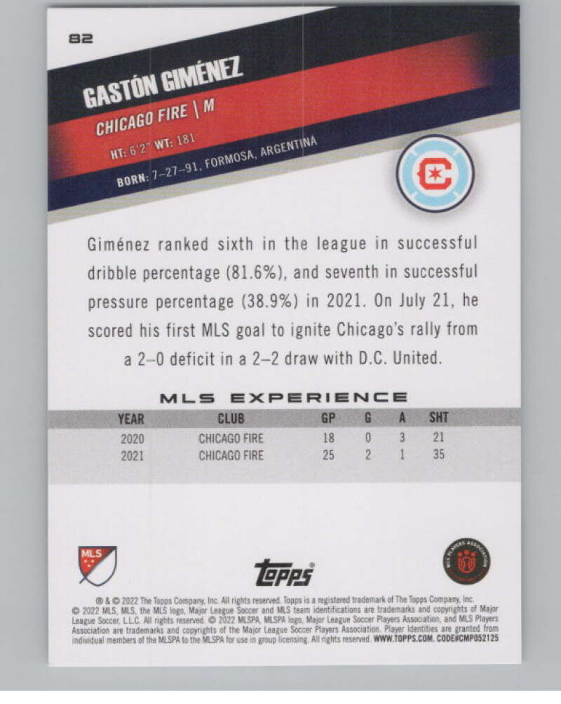 2022 Topps MLS Soccer #82 Gaston Gimenez Chicago Fire V97675 Image 2