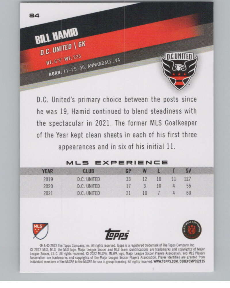 2022 Topps MLS Soccer #84 Bill Hamid D.C. United V97681 Image 2