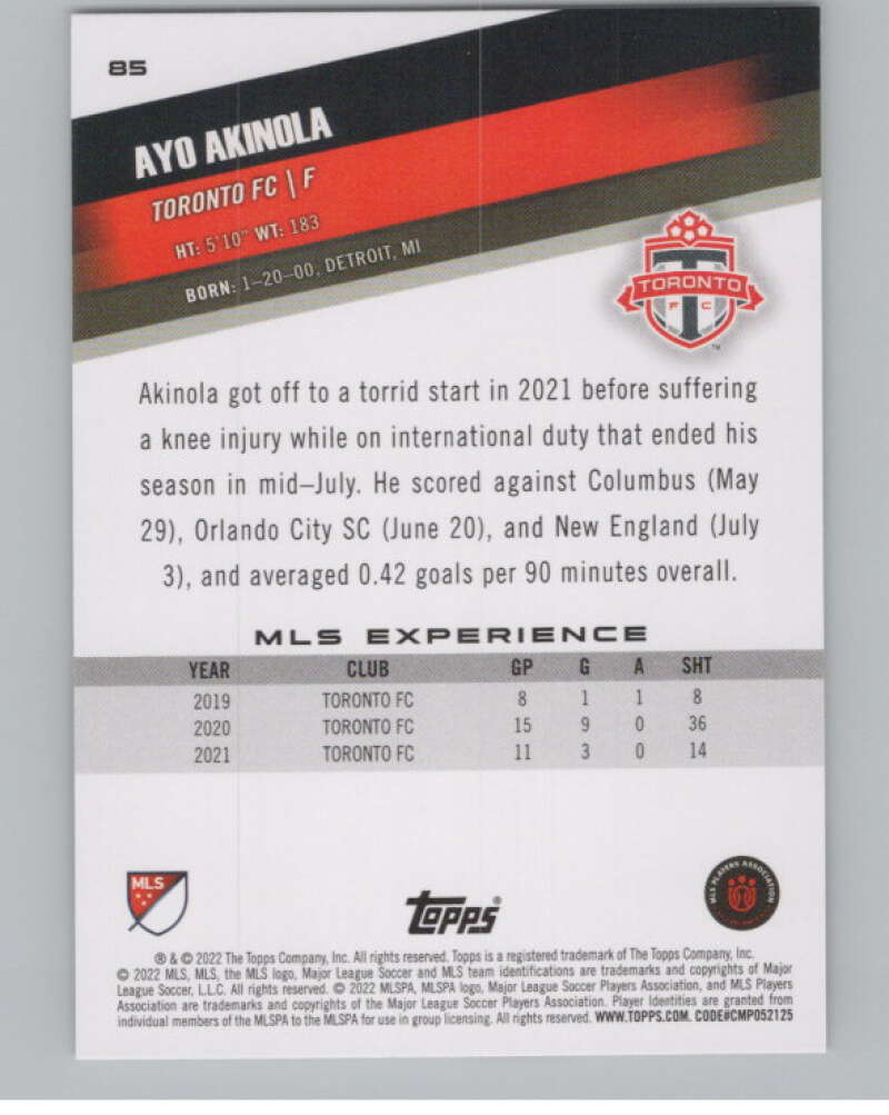 2022 Topps MLS Soccer #85 Ayo Akinola Toronto FC V97684 Image 2