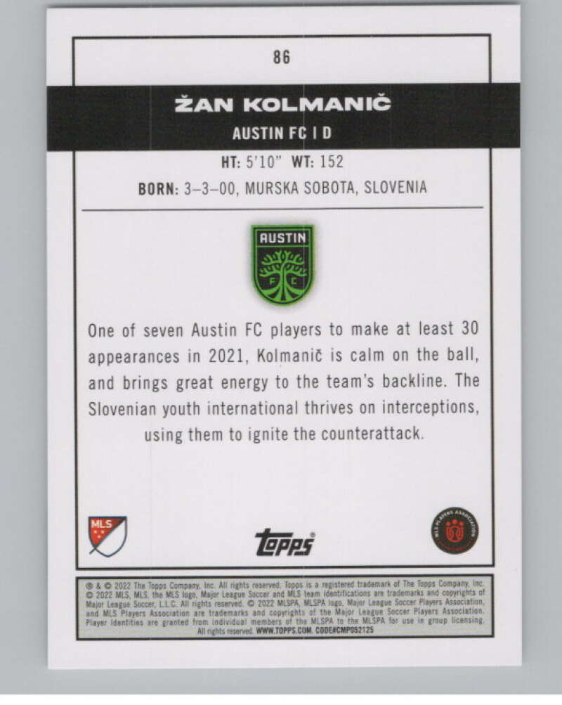 2022 Topps MLS Soccer #86 Zan Kolmanic RC Rookie Austin FC V97685 Image 2