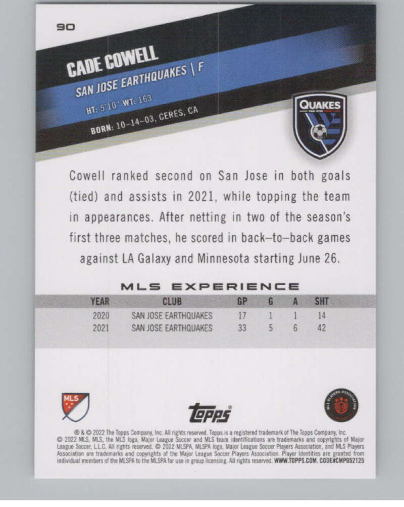 2022 Topps MLS Soccer #90 Cade Cowell San Jose Earthquakes V97695 Image 2