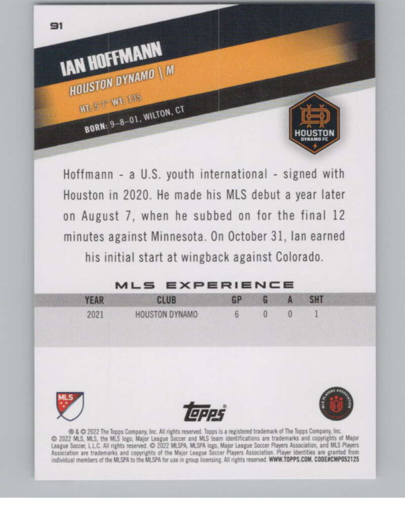 2022 Topps MLS Soccer #91 Ian Hoffmann Houston Dynamo V97699 Image 2