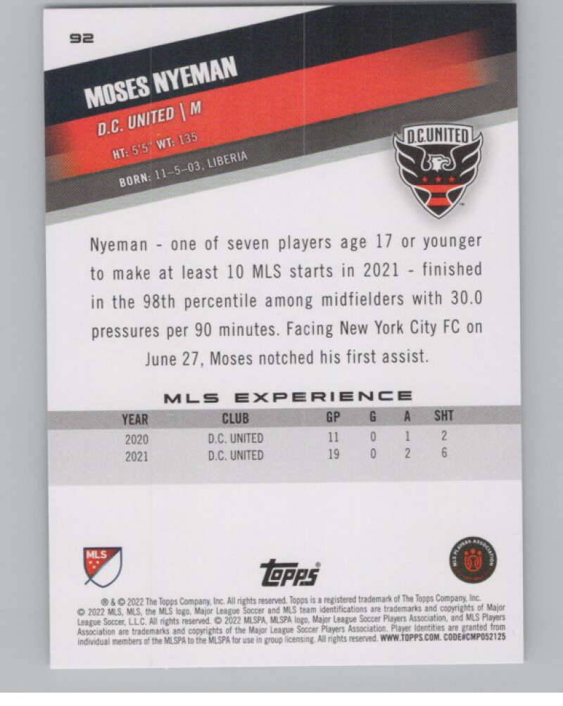 2022 Topps MLS Soccer #92 Moses Nyeman D.C. United V97700 Image 2