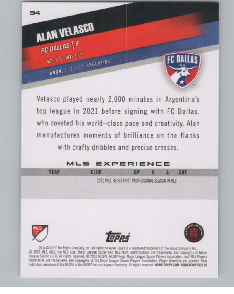 2022 Topps MLS Soccer #94 Alan Velasco RC Rookie FC Dallas V97704 Image 2