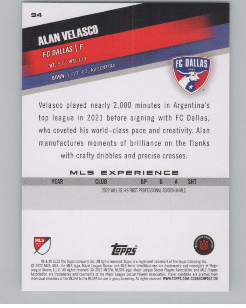 2022 Topps MLS Soccer #94 Alan Velasco RC Rookie FC Dallas V97705 Image 2