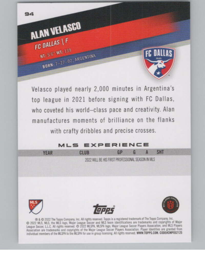 2022 Topps MLS Soccer #94 Alan Velasco RC Rookie FC Dallas V97706 Image 2
