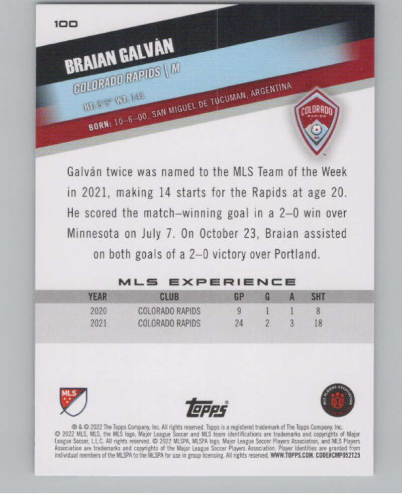 2022 Topps MLS Soccer #100 Braian Galvan RC Rookie Colorado V97719 Image 2