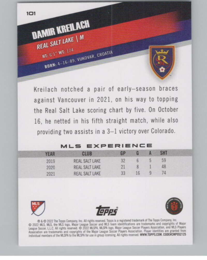 2022 Topps MLS Soccer #101 Damir Kreilach Real Salt Lake V97721 Image 2