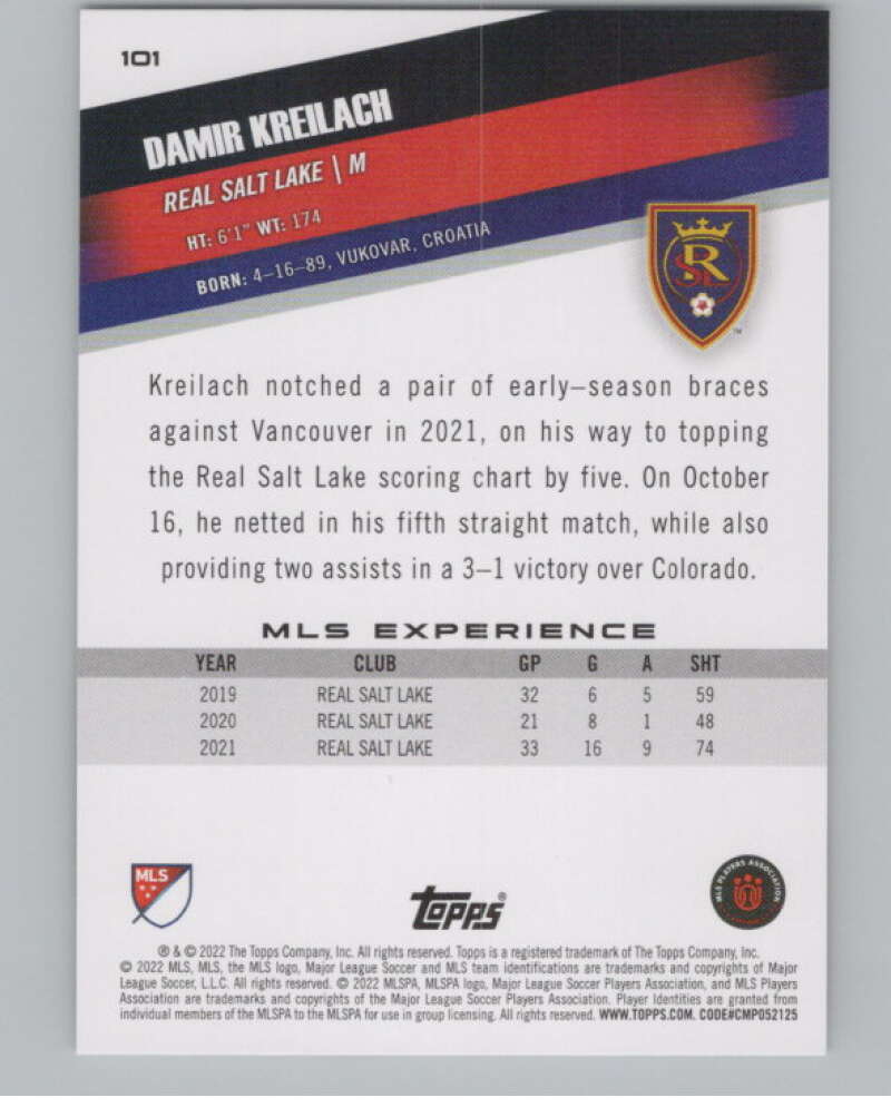 2022 Topps MLS Soccer #101 Damir Kreilach Real Salt Lake V97722 Image 2