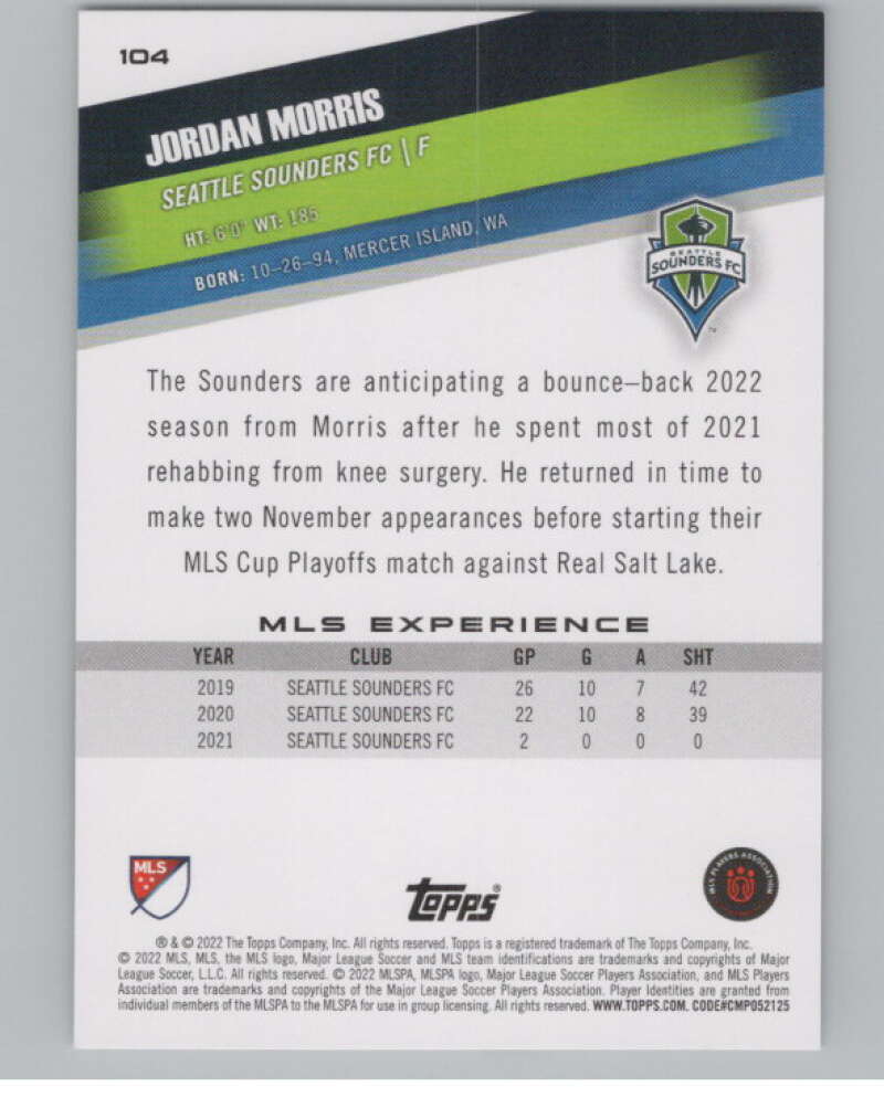 2022 Topps MLS Soccer #104 Jordan Morris Seattle Sounders FC V97728 Image 2