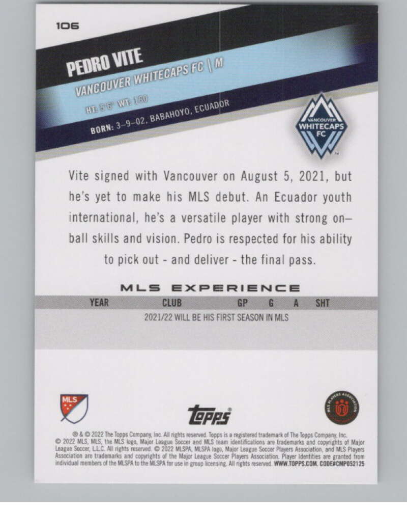 2022 Topps MLS Soccer #106 Pedro Vite Vancouver Whitecaps FC V97731 Image 2
