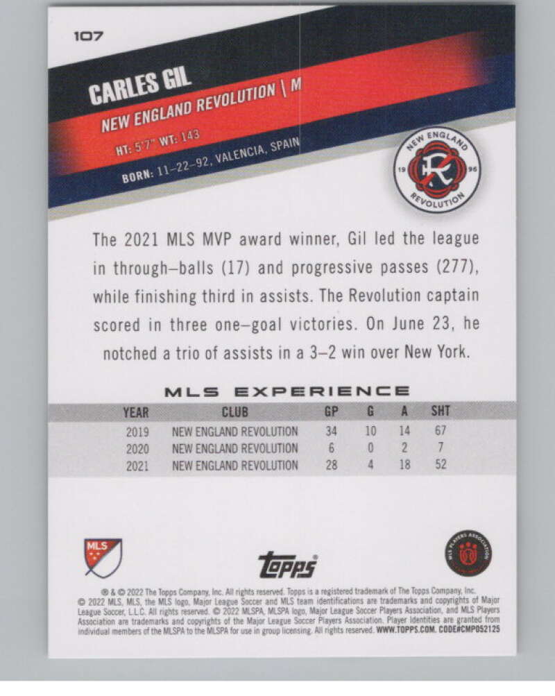2022 Topps MLS Soccer #107 Carles Gil New England Revolution V97734 Image 2