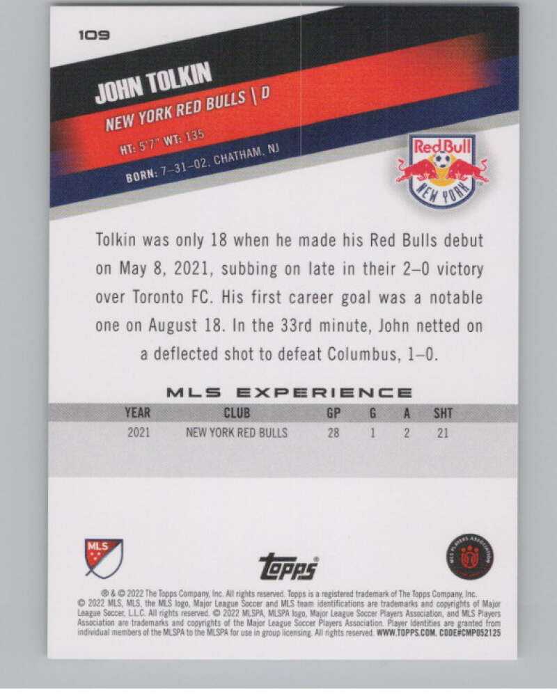 2022 Topps MLS Soccer #109 John Tolkin New York Red Bulls V97741 Image 2
