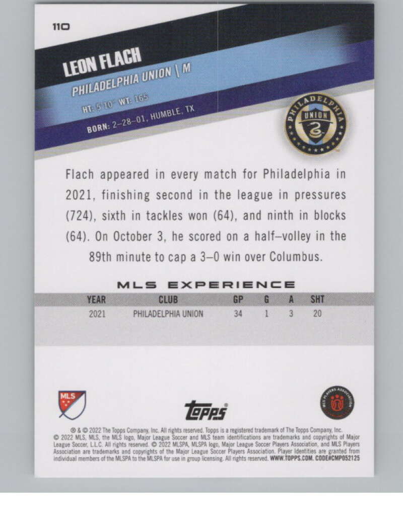2022 Topps MLS Soccer #110 Leon Flach RC Rookie Philadelphia Union V97743 Image 2