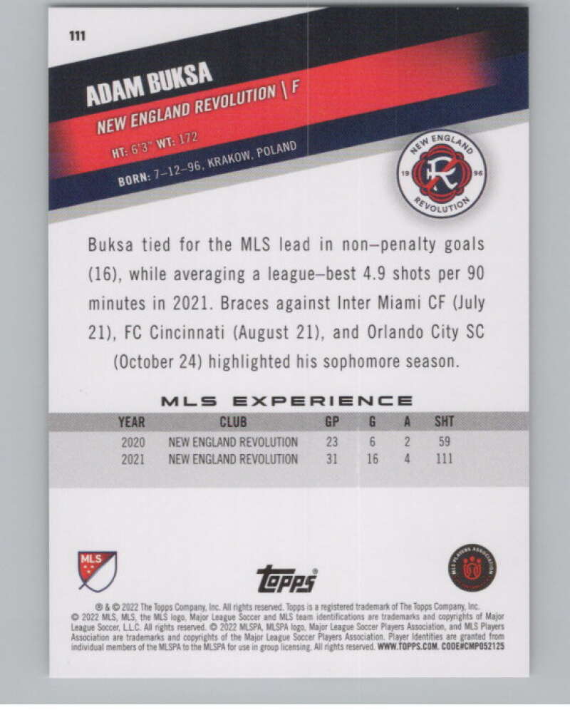 2022 Topps MLS Soccer #111 Adam Buksa New England Revolution V97747 Image 2