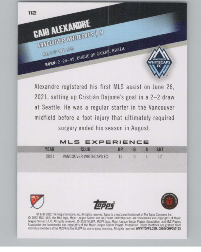 2022 Topps MLS Soccer #112 Caio Alexandre RC Rookie Vancouver V97748 Image 2