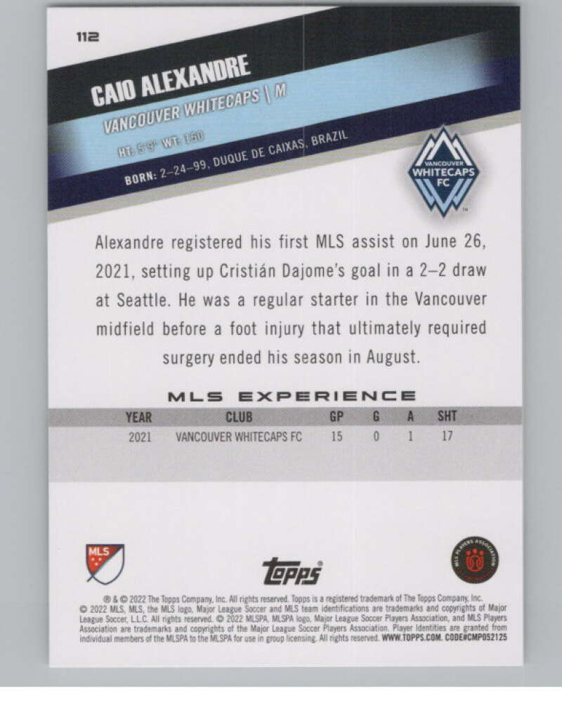 2022 Topps MLS Soccer #112 Caio Alexandre RC Rookie Vancouver V97749 Image 2