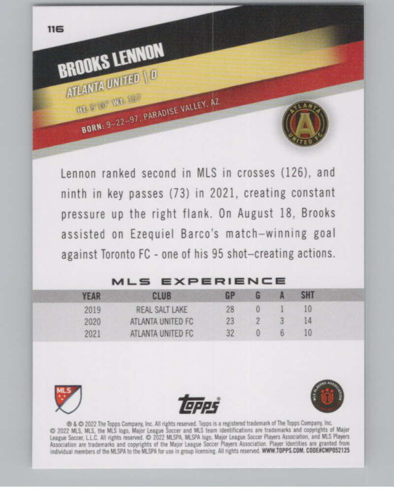 2022 Topps MLS Soccer #116 Brooks Lennon Atlanta United V97758 Image 2