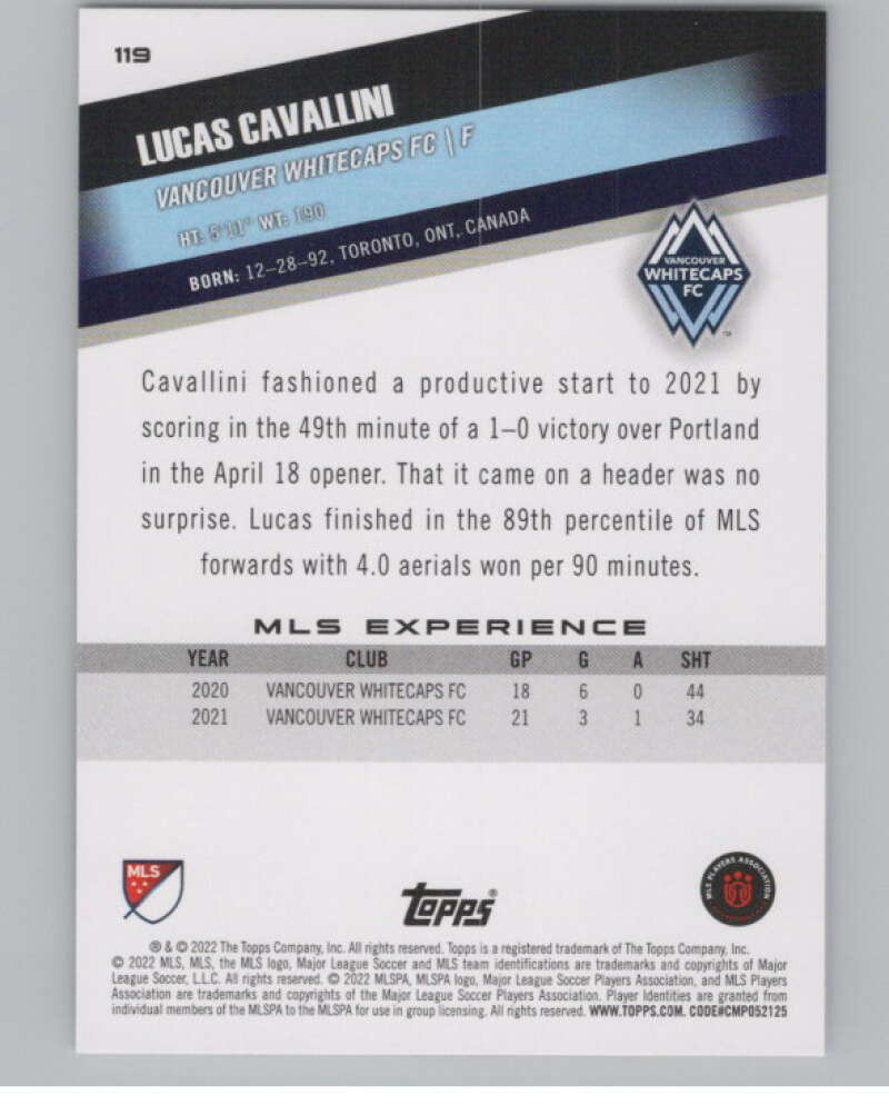 2022 Topps MLS Soccer #119 Lucas Cavallini Vancouver Whitecaps V97766 Image 2
