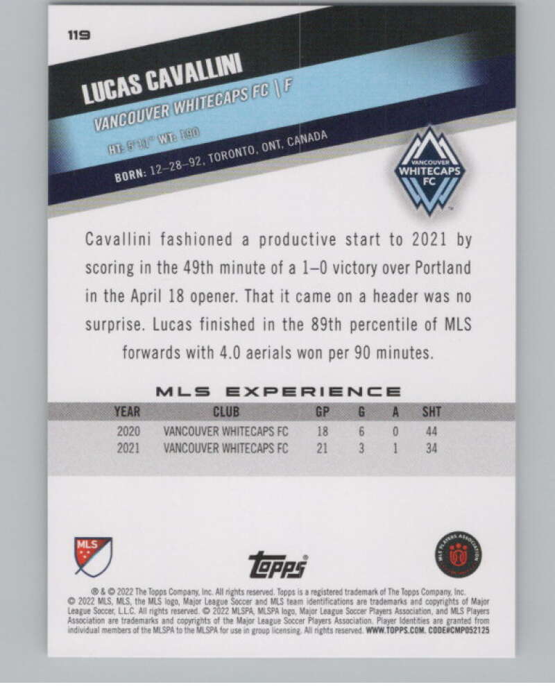2022 Topps MLS Soccer #119 Lucas Cavallini Vancouver Whitecaps V97767 Image 2