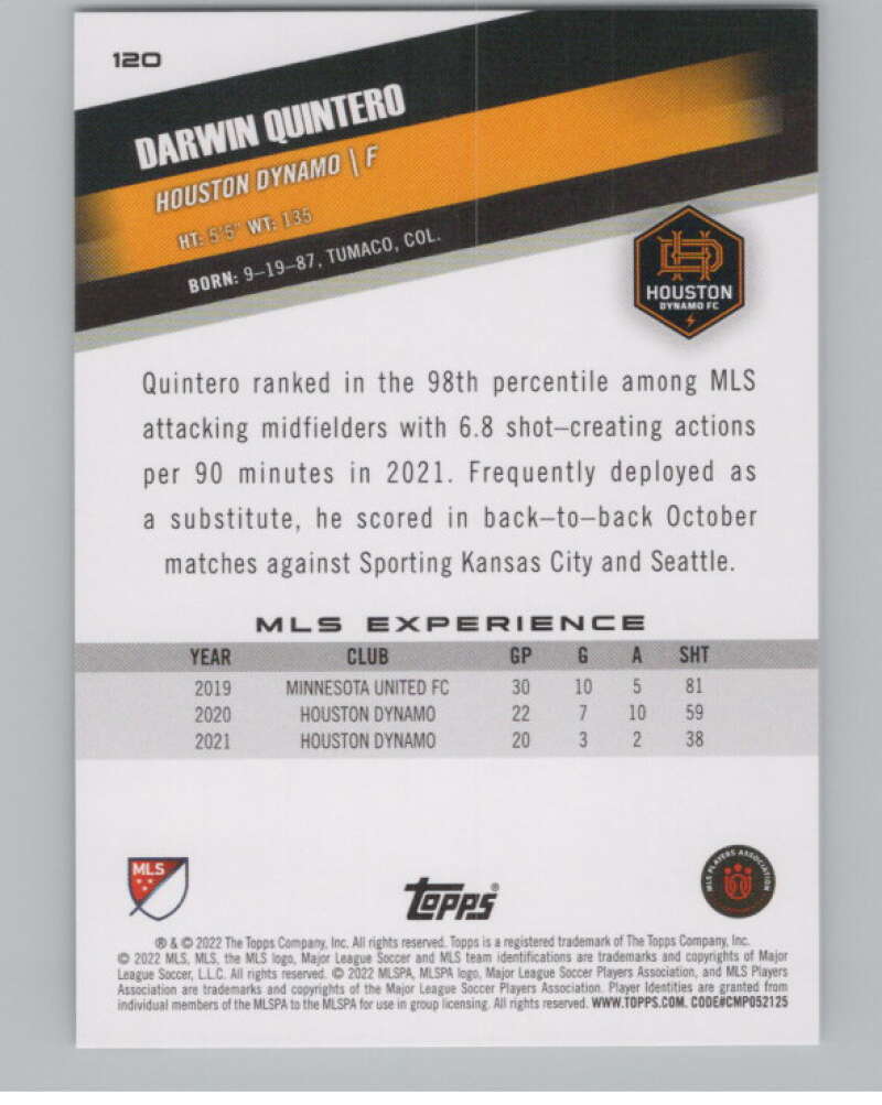 2022 Topps MLS Soccer #120 Darwin Quintero Houston Dynamo V97770 Image 2