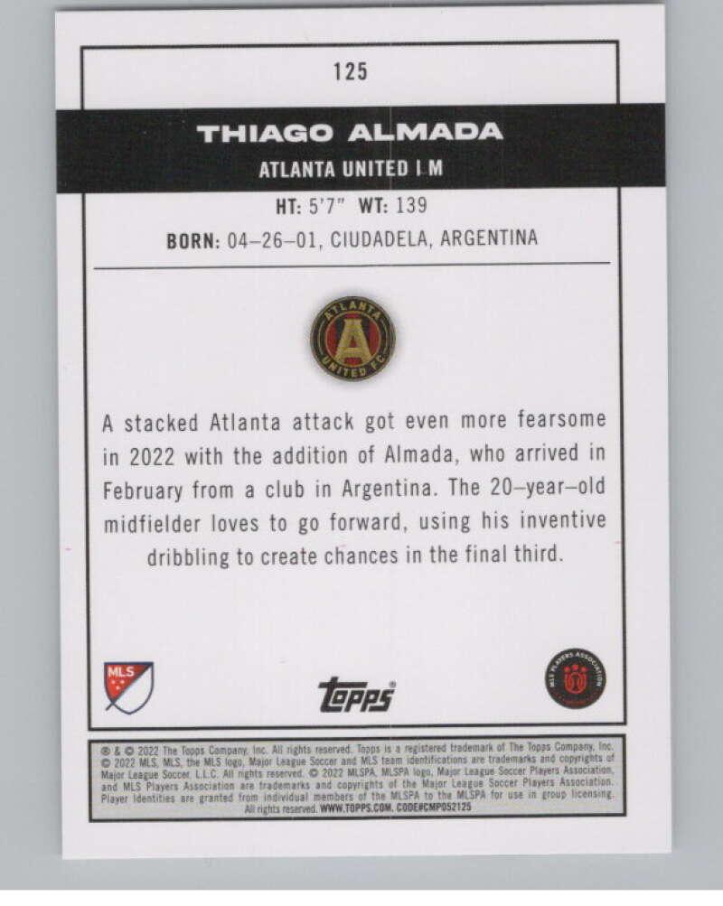 2022 Topps MLS Soccer #125 Thiago Almada RC Rookie Atlanta United V97781 Image 2