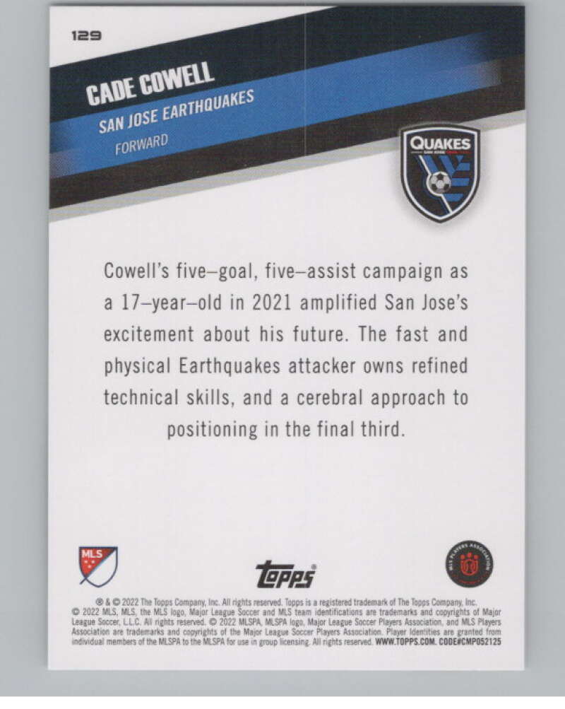 2022 Topps MLS Soccer #129 Cade Cowell San Jose Earthquakes V97791 Image 2