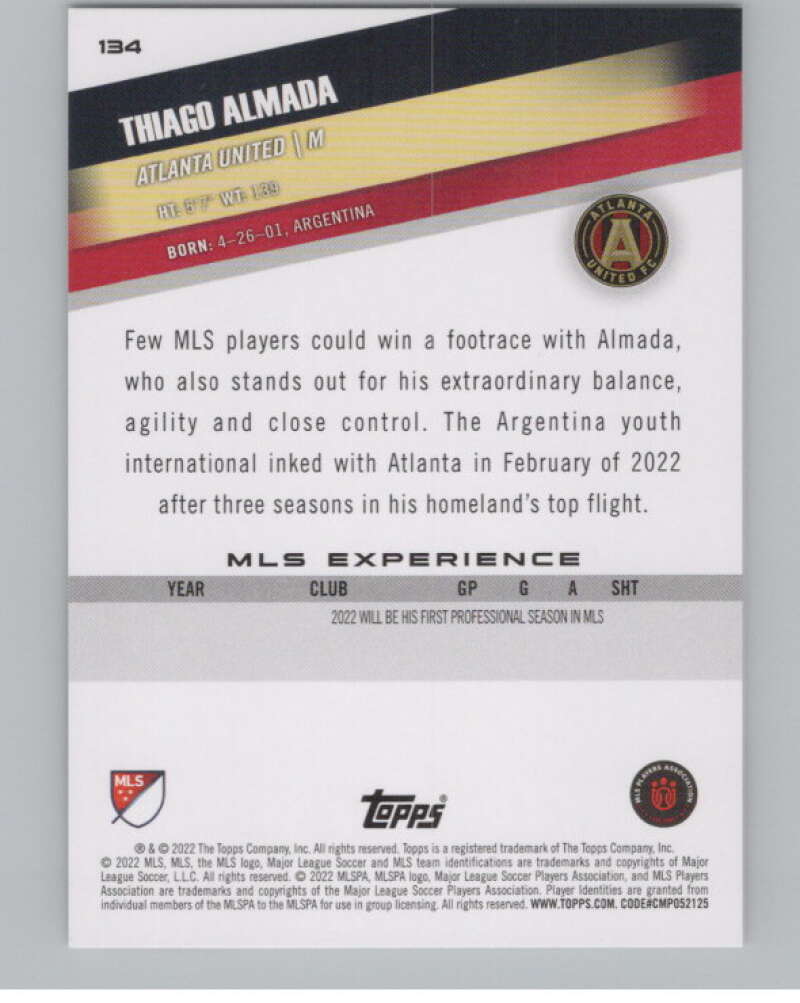 2022 Topps MLS Soccer #134 Thiago Almada RC Rookie Atlanta V97806 Image 2