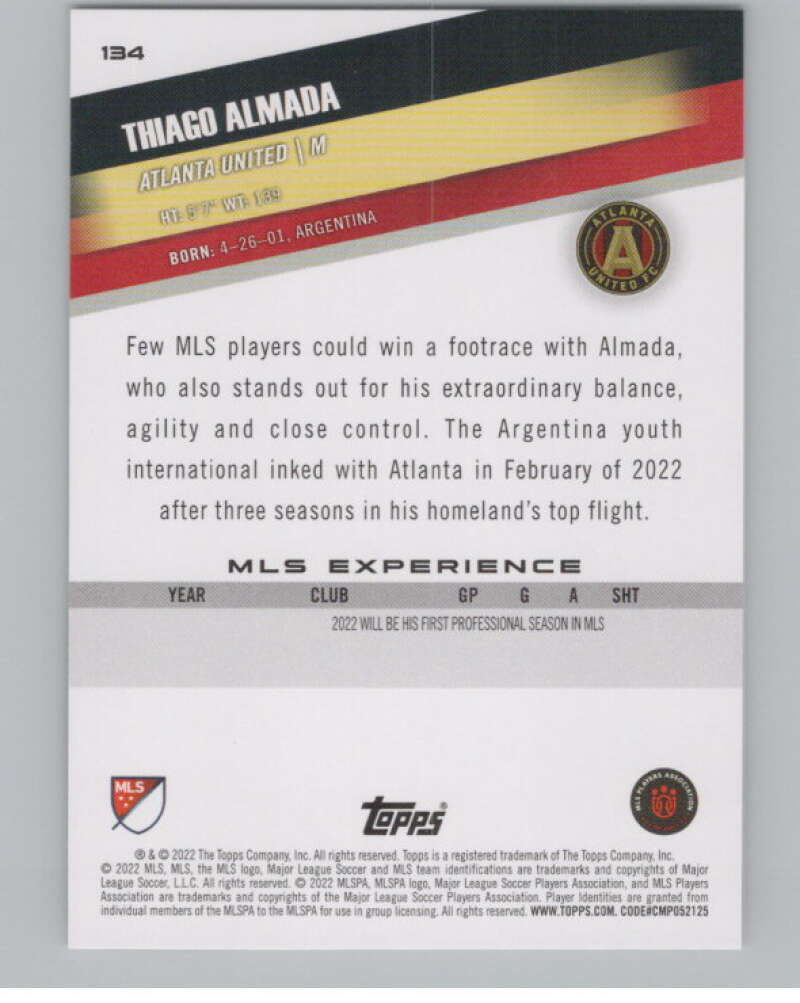 2022 Topps MLS Soccer #134 Thiago Almada RC Rookie Atlanta V97807 Image 2