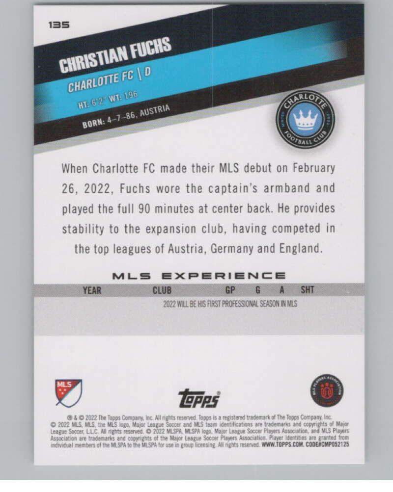 2022 Topps MLS Soccer #135 Christian Fuchs Charlotte FC V97809 Image 2
