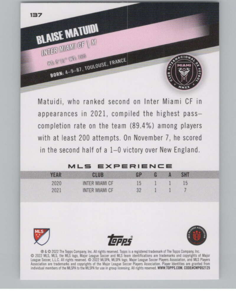 2022 Topps MLS Soccer #137 Blaise Matuidi Inter Miami CF V97813 Image 2