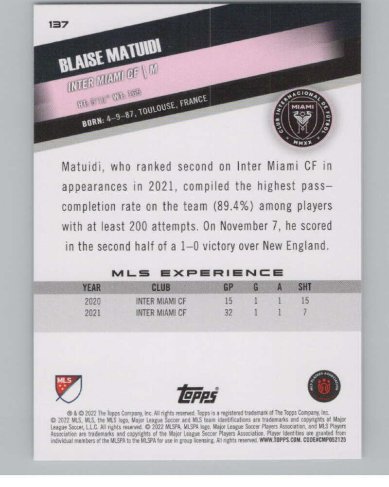 2022 Topps MLS Soccer #137 Blaise Matuidi Inter Miami CF V97815 Image 2
