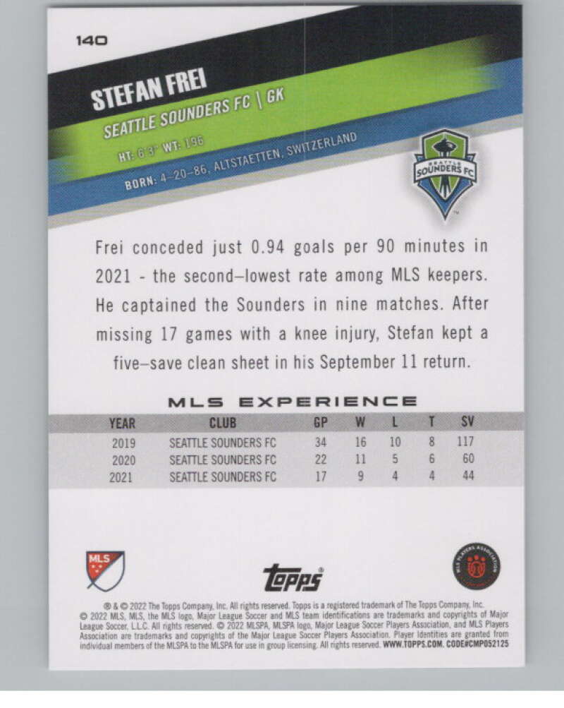 2022 Topps MLS Soccer #140 Stefan Frei Seattle Sounders FC V97820 Image 2