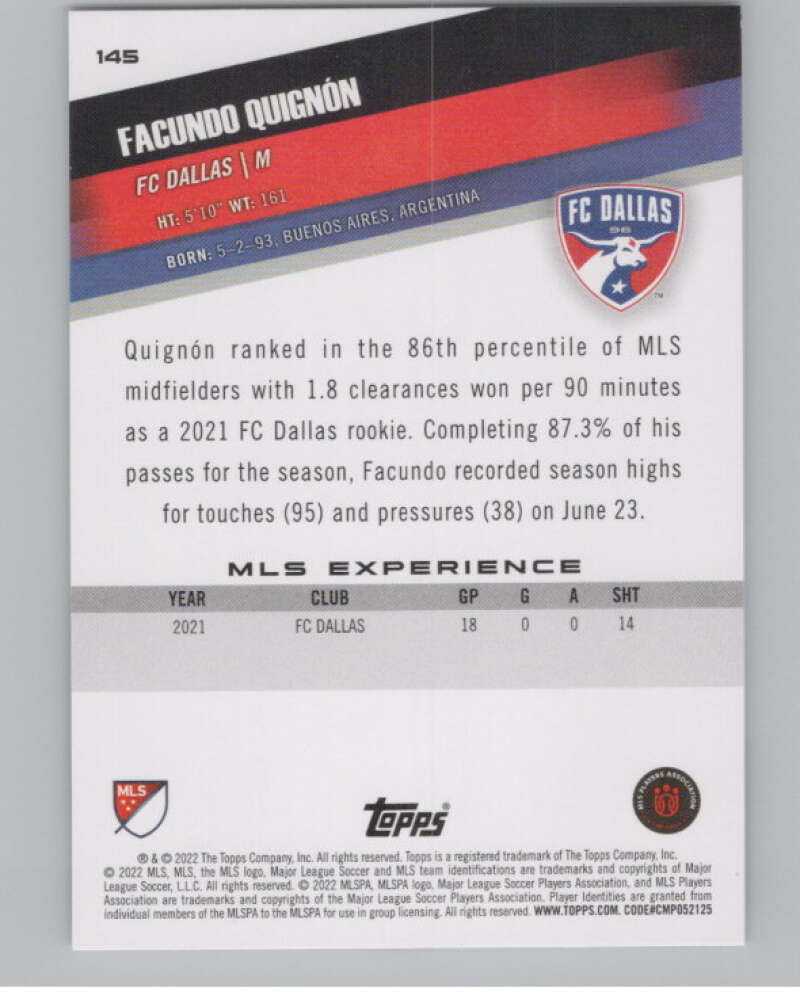2022 Topps MLS Soccer #145 Facundo Quignon FC Dallas V97833 Image 2