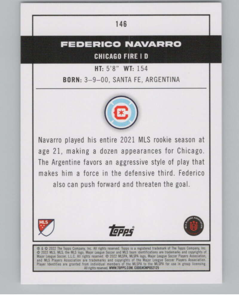 2022 Topps MLS Soccer #146 Federico Navarro RC Rookie Chicago V97836 Image 2