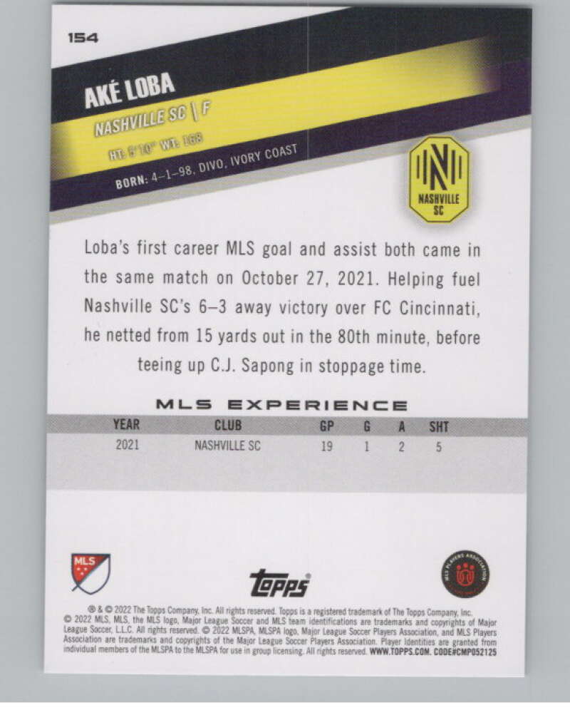 2022 Topps MLS Soccer #154 Ake Loba RC Rookie Nashville SC V97854 Image 2