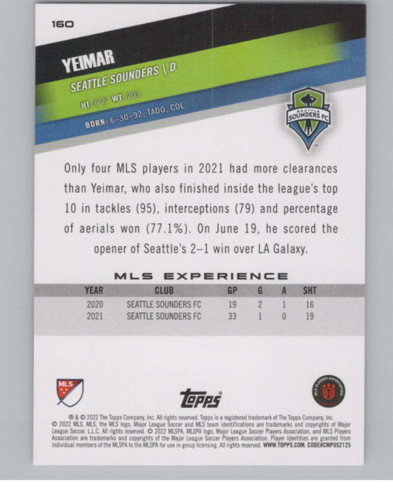 2022 Topps MLS Soccer #160 Yeimar Seattle Sounders V97864 Image 2