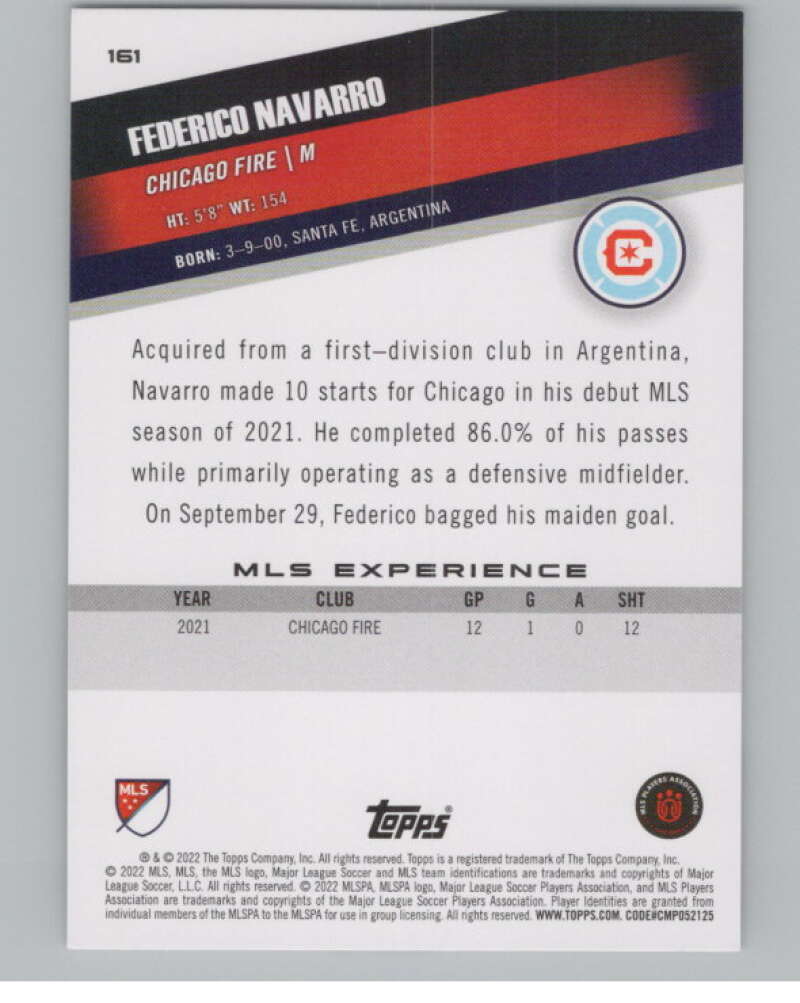2022 Topps MLS Soccer #161 Federico Navarro RC Rookie Chicago V97867 Image 2