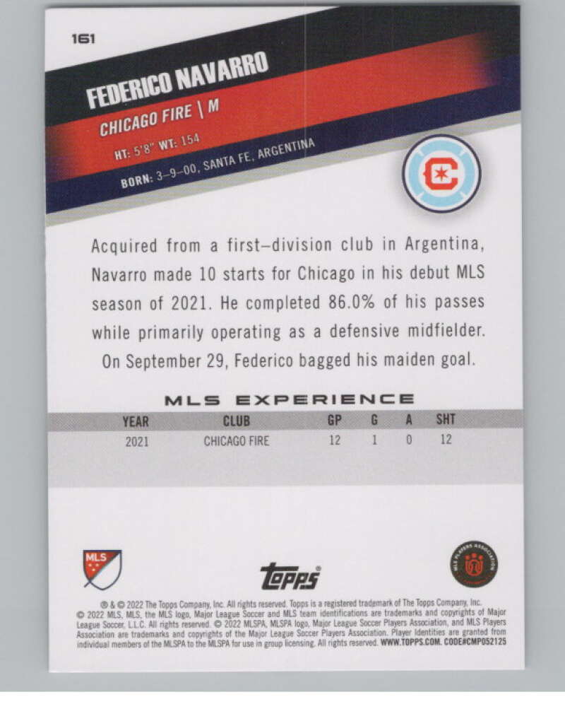 2022 Topps MLS Soccer #161 Federico Navarro RC Rookie Chicago V97869 Image 2