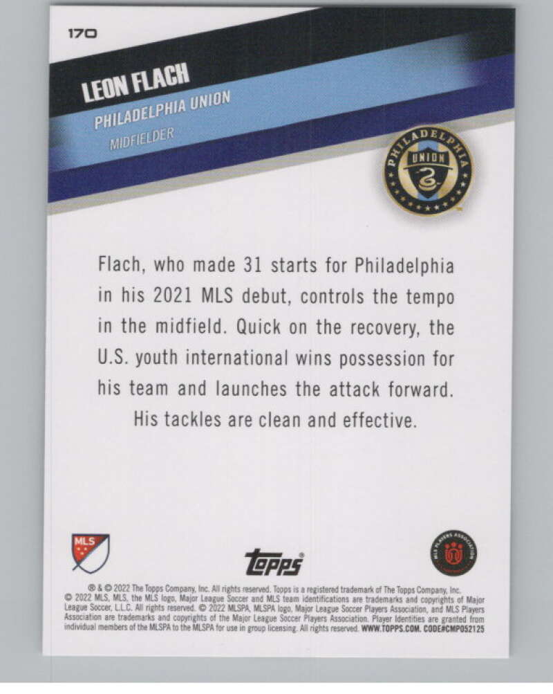 2022 Topps MLS Soccer #170 Leon Flach RC Rookie Philadelphia Union V97892 Image 2