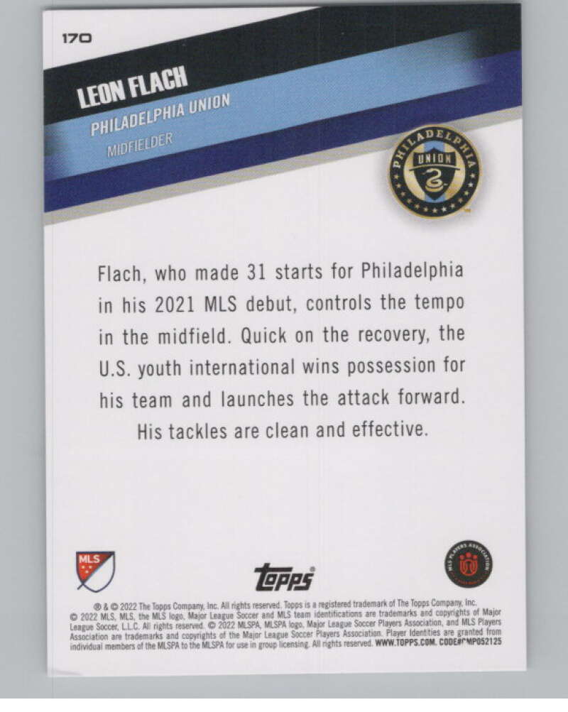 2022 Topps MLS Soccer #170 Leon Flach RC Rookie Philadelphia Union V97893 Image 2